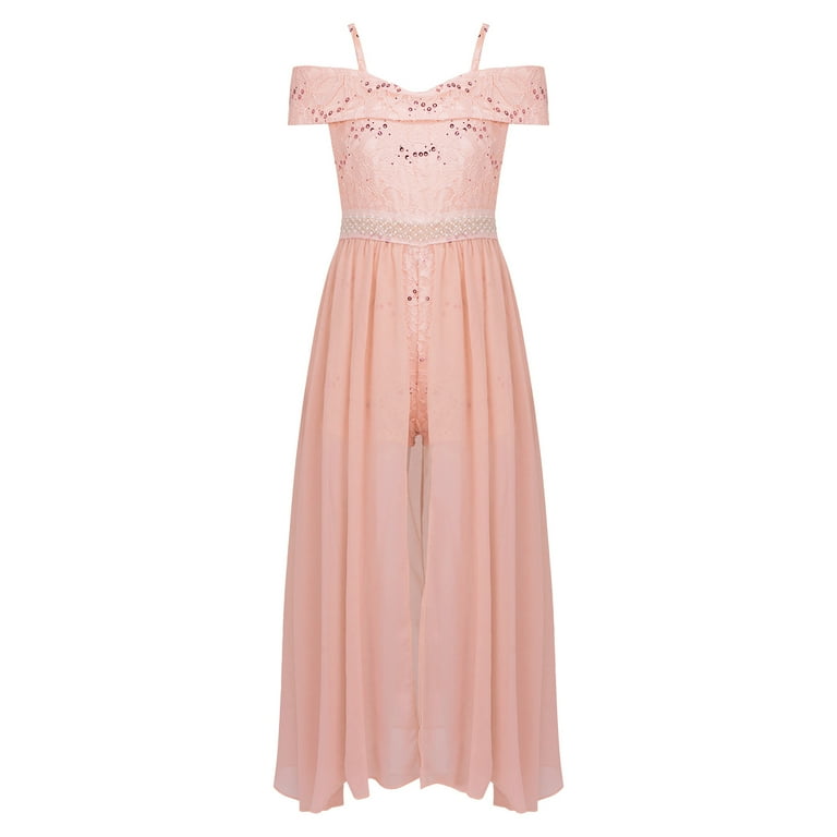 YONGHS Kids Girls Floral Lace Bridesmaid Dress Off Shouldre Maxi Romper Gown  Light Pink 12 - Walmart.com