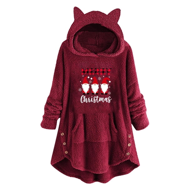 Trajes Navideños Para Mujer Abrigo de Felpa de Invierno Impresión Informal Orejas de Gato Top de Manga Larga Con Capucha Odeerbi ODB203390