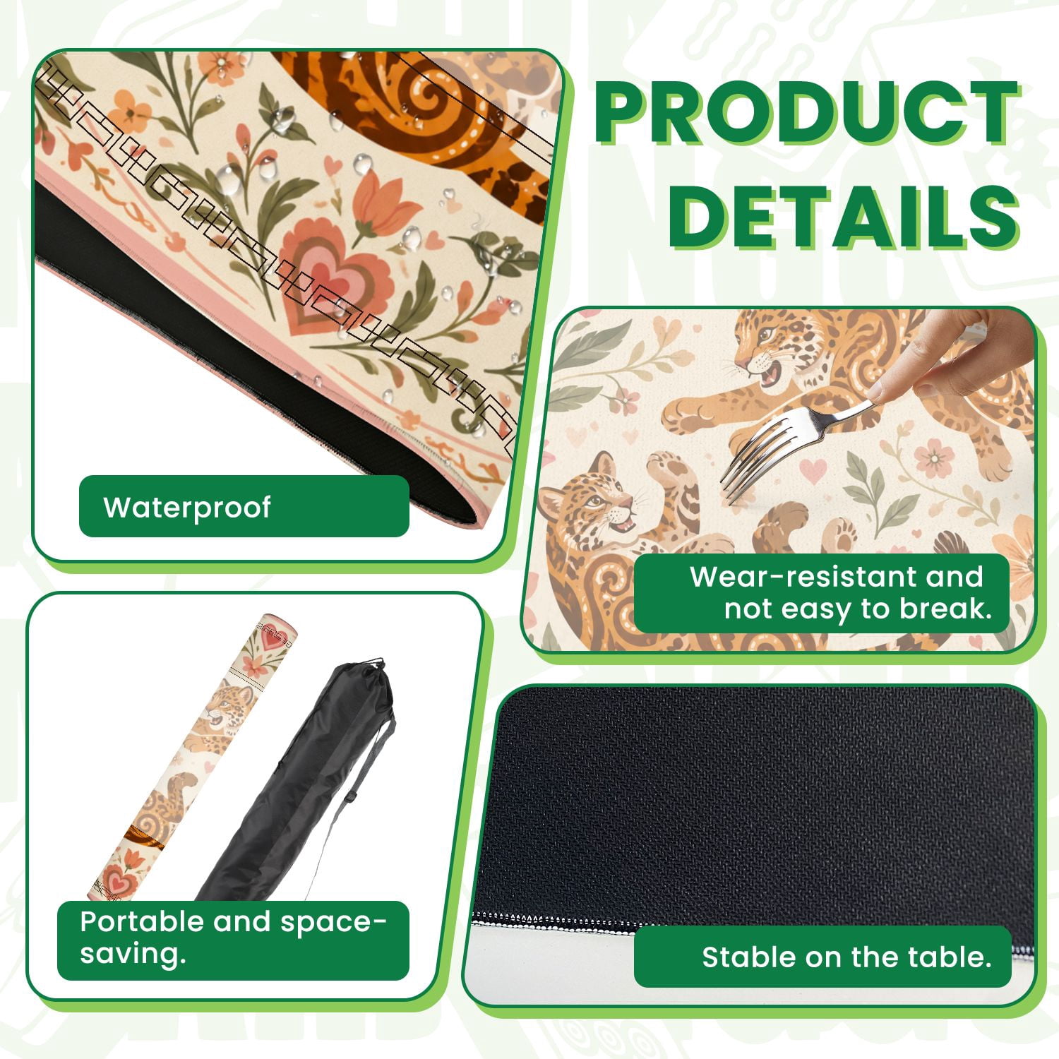 Mahjong Mat 31.5" x 31.5" Playful Jaguars Floral Swirls Heart Details Soft Pastel Colors Non-Slip Noise Reduction American Mahjong Tiles Table Cover for Dominoes Poker Card Board Games Gift