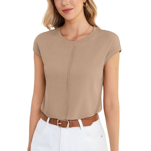 Uvplove Women's Casual Knit Top Loose Fit Cap Sleeve Soft Stretchy Crew Neck Summer T-Shirt,Camel,L