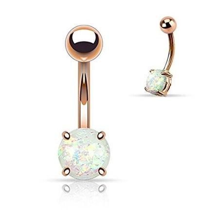 Glitter Belly Ring Prong Glitter Synthetic Opal Rose Gold IP Surgical Steel Belly Button Navel Ring - 14GA (Sold Ind.) (White) ()
