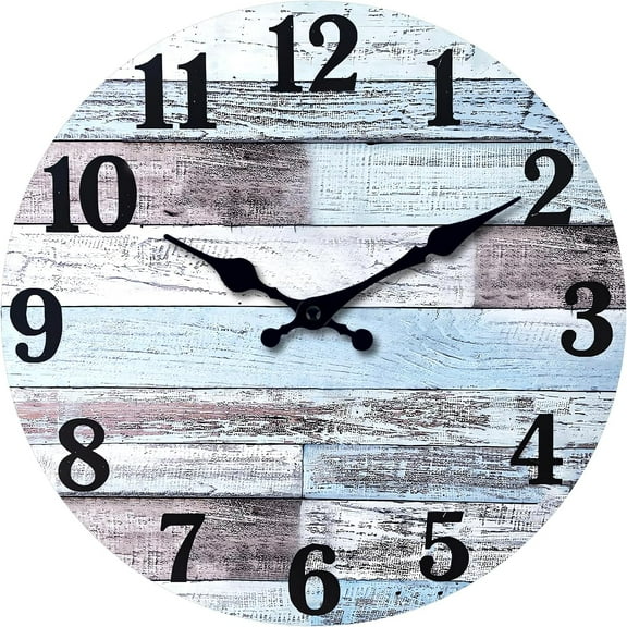 Blue Wood Clock for Living Room Farmhouse Wall Clocks Battery Operated 12 Inch Analog Rustic Wall Clock Silent (MDF No Solid Wood)