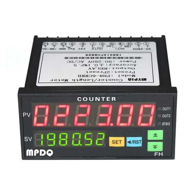 Amdohai Multi-functional Dual Light-emitting Diode Display Digital Counter 90~265V AC/DC Length Meter with 2 Relay Output and Pulse PNP NPN