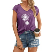 ZXZY Womens Dandelion Print V Neck Short Sleeve T-Shirt