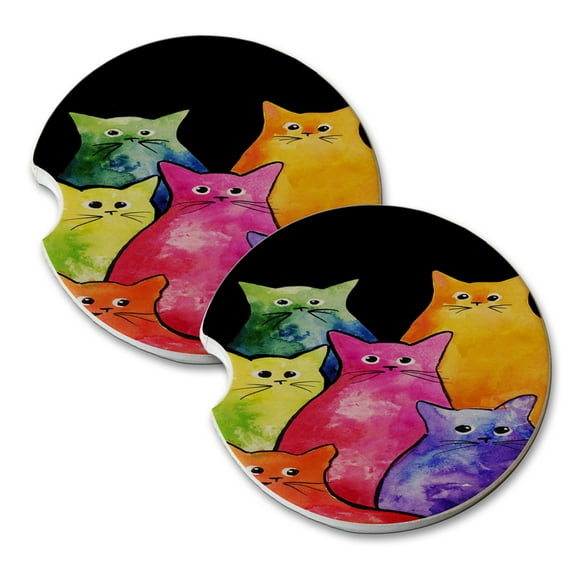 KuzmarK Sandstone Car Drink Coaster (set of 2) - Colorful Tie-Dyed Kitties Art by Denise Every