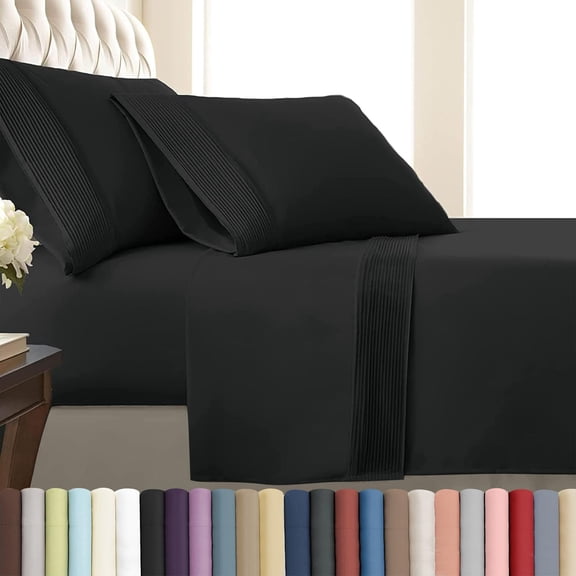 Southshore Fine Linens Vilano Pleats 4 Piece Extra Deep Pocket Sheet Set, 21-Inch Deep Pocket Bed Sheets with Flat Sheet and Pillowcases, Extra Soft Brushed Microfiber, California King, Black