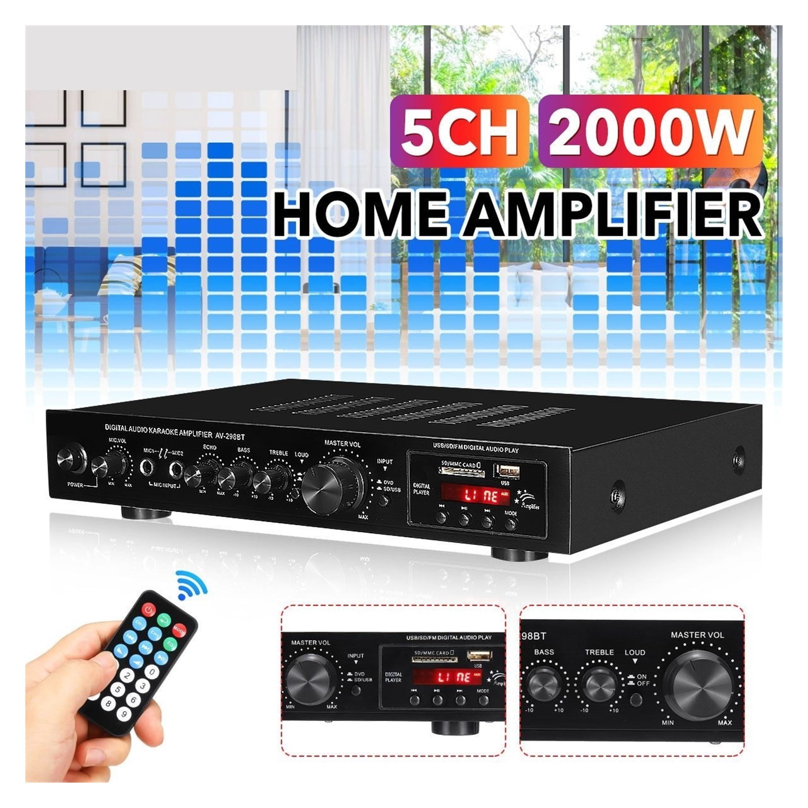 2000W 5CH Stereo AV Power Surround Bass Car Subwoofer Speakers LED Digital Amplifier For Cinema ,Compact Circuitry