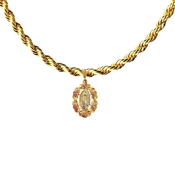 14k Bonded Gold Rope Chain with Rose Saint Mary Pendant, Best Unisex Christmas Gift for Women, Men, Mother, Father, Girlfriend, Boyfriend, Her, Him, 14k Necklace with Charm, Best jewelry Gifts