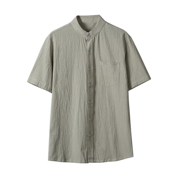 Camisa de Botón de Manga Corta de los Hombres, Holiday Casual Color Sólido, Camisa de Bolsillo de Cuello de Pie
