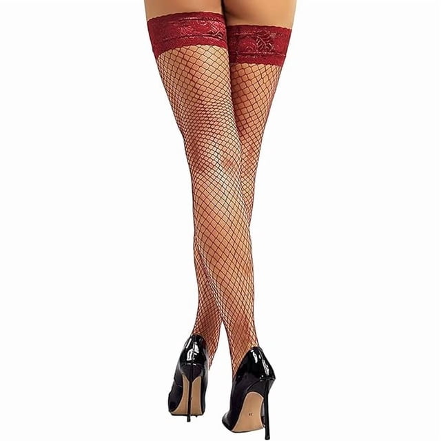 Chenchen Seam Back Fishnet Thigh High Stockings Silicone Lace Top Lingerie Stay Up Sheer Nylon Hosiery
