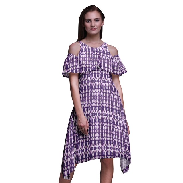 Bimba Purple Tie-Dye Printed Womens Cold Shoulder Tunic Party Round Neck Shift Dress - X-Small