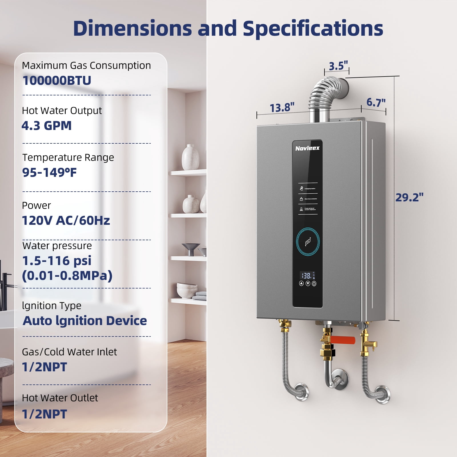 Tankless Water Heater On Demand Water Heater Propane Gas, Up to 4.3 GPM, 100000 BTU Instant Hot Water Heater with LED Display, Indoor Installation, 2-4 Point Use for Family Bathroom Kitchen