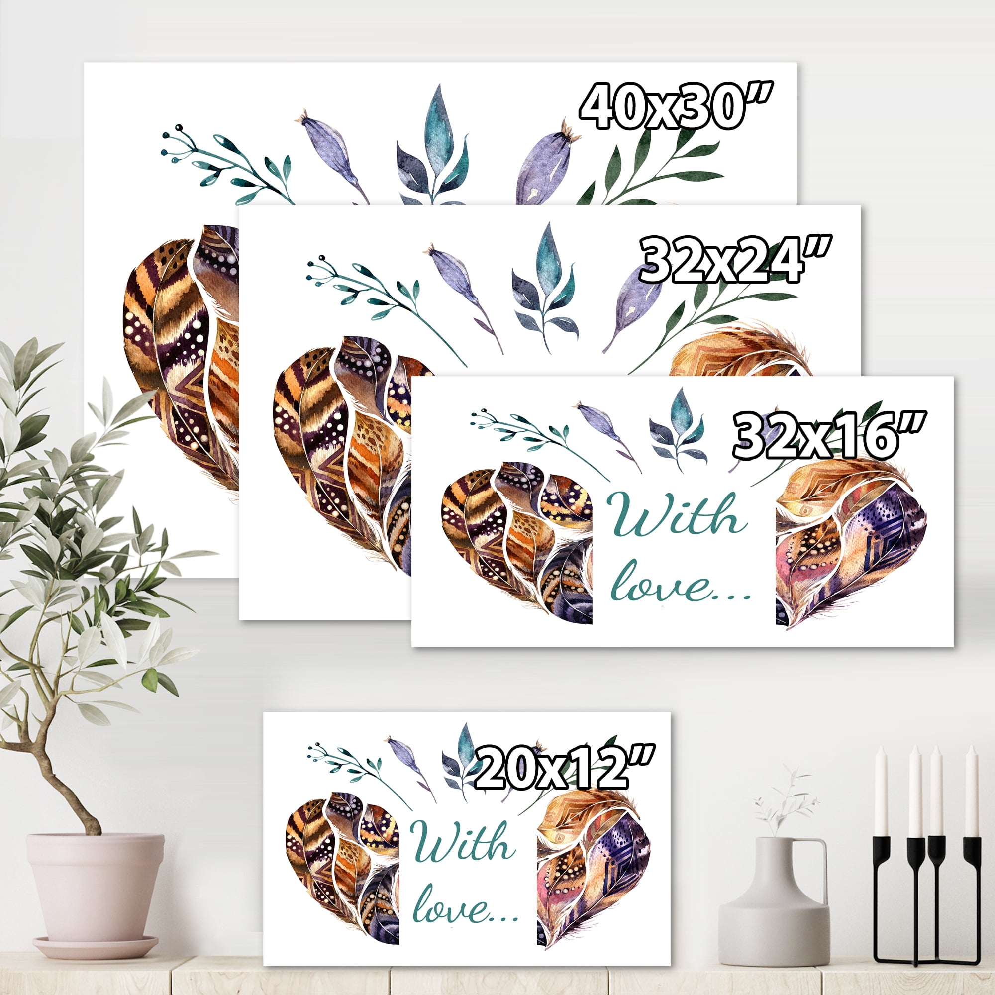 Designart ' Hearted Shaped Feathers With Love ' Traditional Canvas Wall Art Print