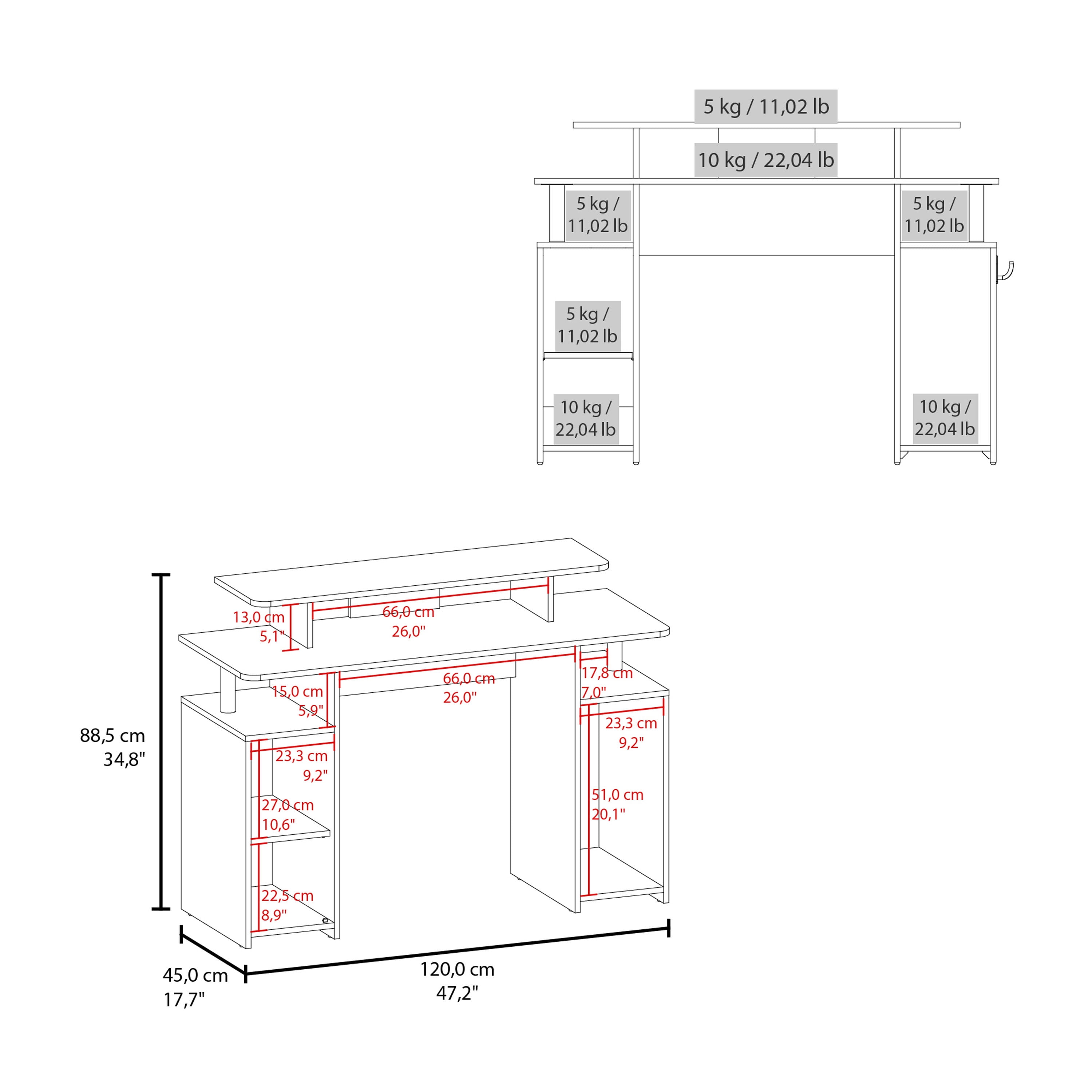 Astoutdoor 47" Wide 2-Tier Gamer Desk with Three Shelves and PC Tower Stand, Black