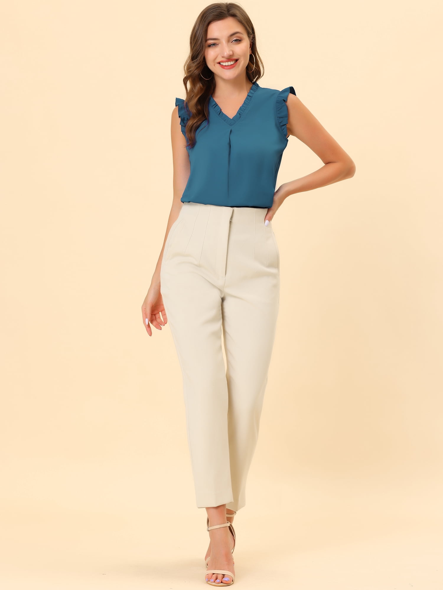 DARING DIVA Ruffled V Neck Sleeveless Tops Shirts M Peacock Blue