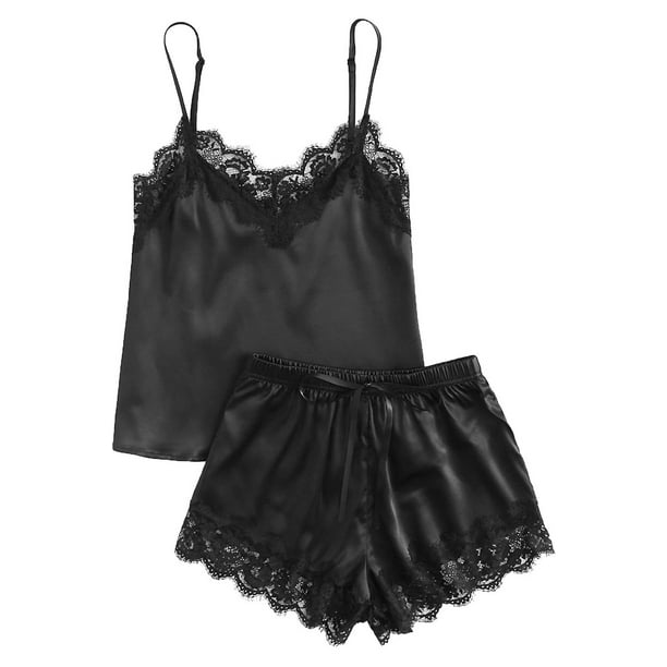 Women's Black Lace Satin Sleepwear Cami Top and Shorts Pajamas Set