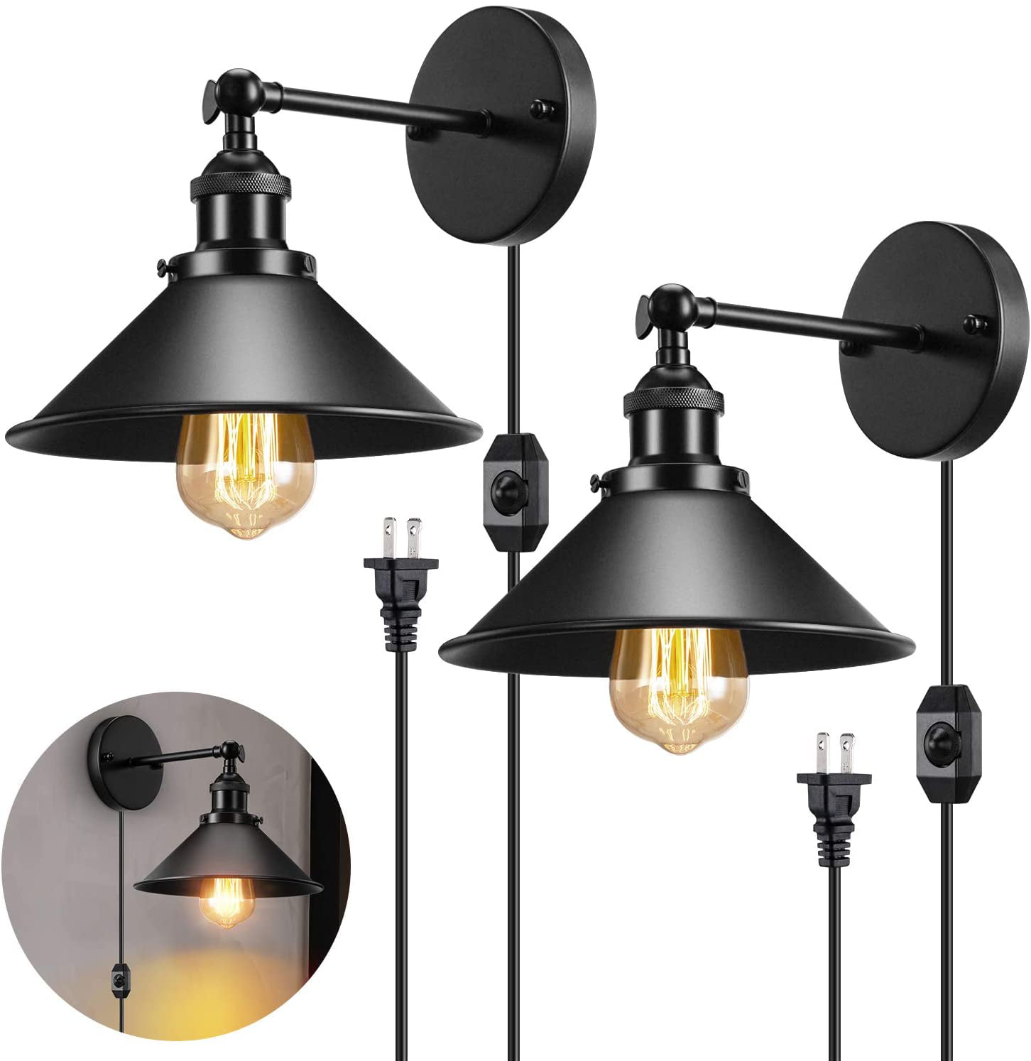 Wall Sconce Plug in Vintage Industrial Dimmable Wall Light Lamp Shade Pack of 2 