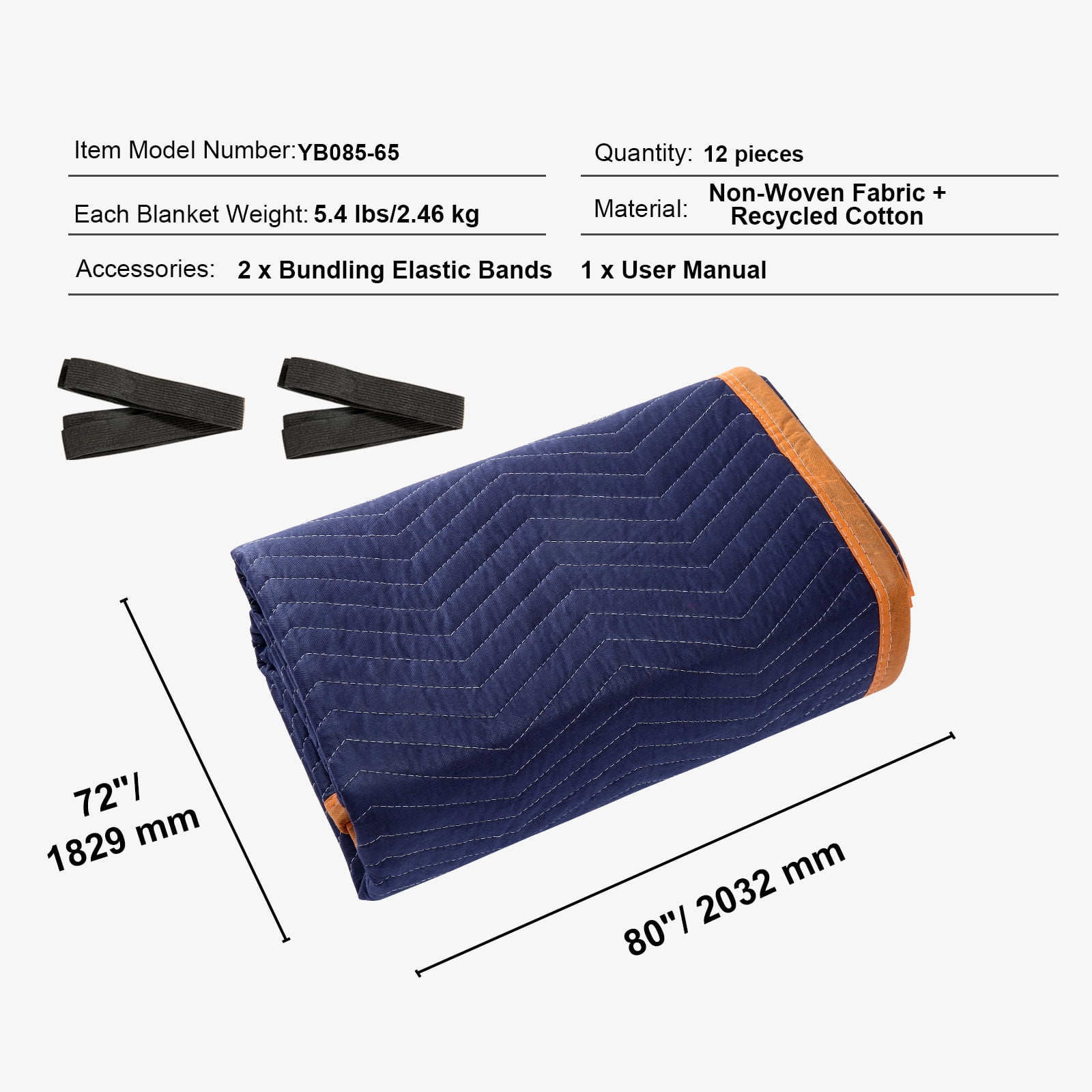 KFFKFF Moving Pads, 80" x 72", 65 lbs/dz, Set of 12, Durable Non-Woven & Recycled Cotton Material, Heavy-Duty Protection for Furniture, Flooring, and Appliances, Blue/Orange