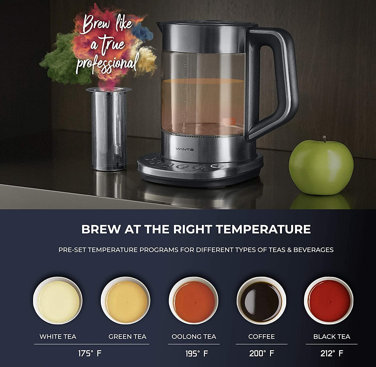 Viant Electric Glass Kettle and Tea Maker with Removable Infuser and Temperature Controls. Brewing Programs for Your Favorite Types of