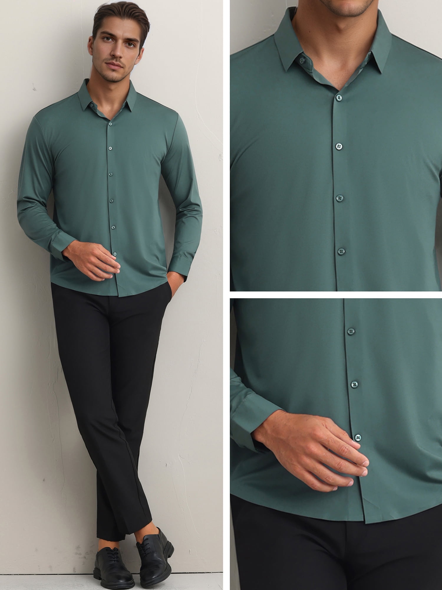 DARING DIVA Men's Soft Long Sleeve Button Down Business Formal Dress Shirt S Green