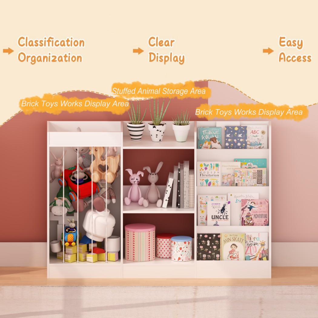 3-in-1 Kids Bookshelf and Toy Storage, 4-Tier Montessori Bookcase with Sling Stuffed Animal Organizer & 3-Tier Toy Shelf for Nursery, Playroom & Kindergarten, White
