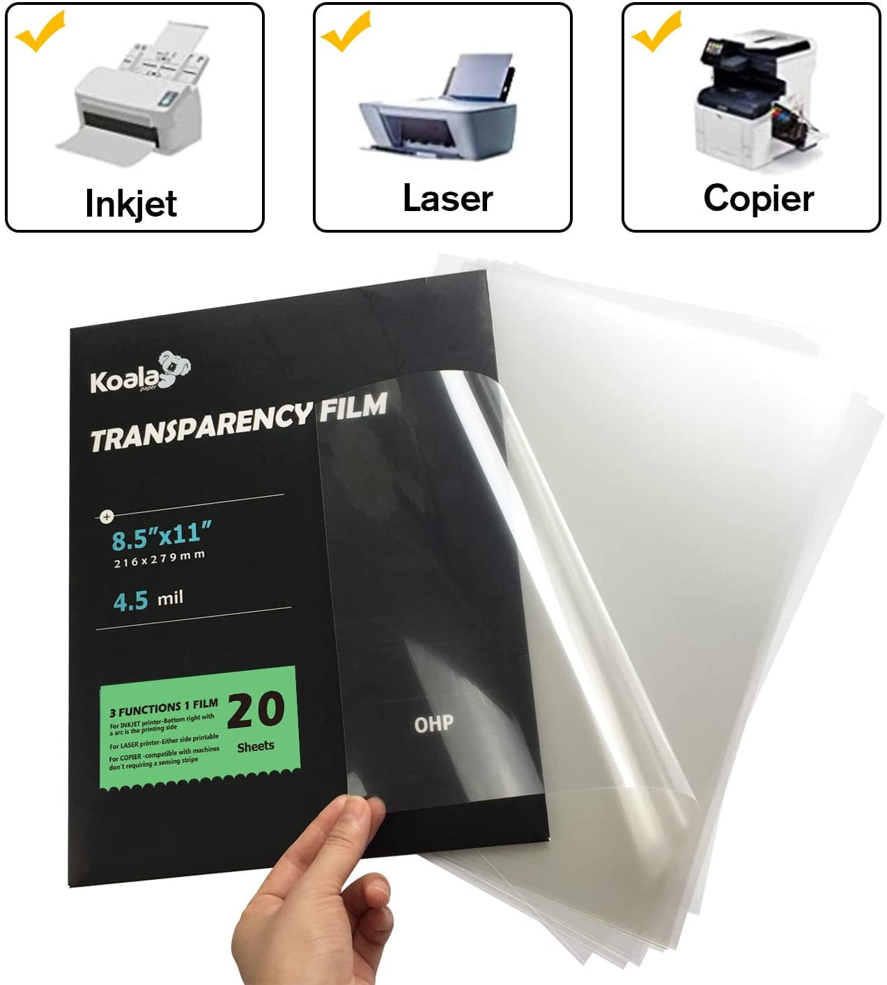 Koala Transparent Inkjet Printer Film, 50 Sheets, 8.5x11 Inches