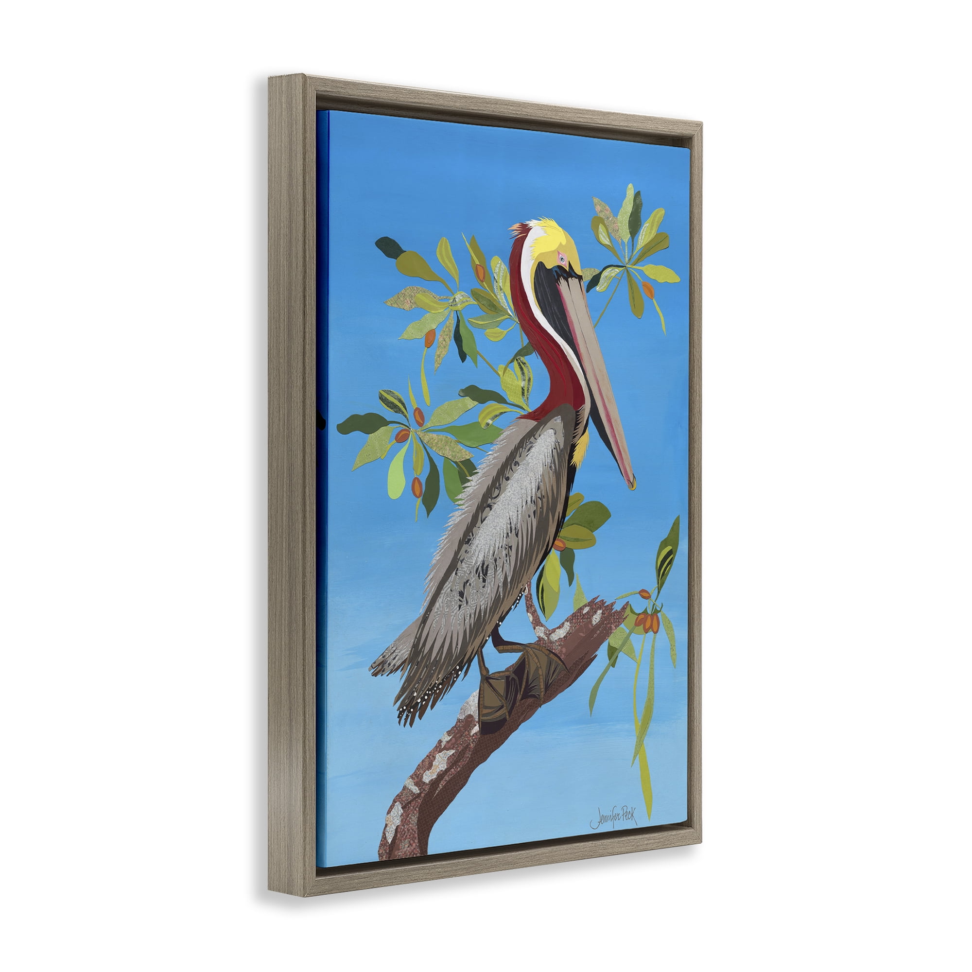 Stupell Industries Brown Pelican on Tree Animals & Insects Painting Brown Floater Framed Canvas Art Print Wall Art, 21 x 31