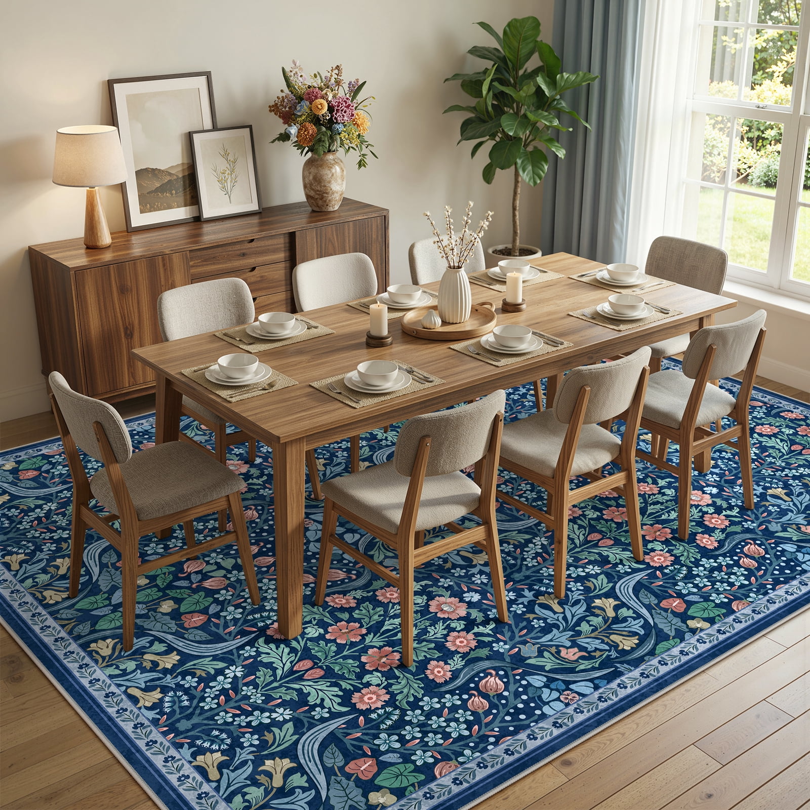 Lahome Washable 8'x10' Area Rug, Blue Floral Rugs for Living Room, Soft Non-Slip Ultra Thin Boho Carpet for Bedroom Dining Room Nursery, Botanical Large Area Rugs, Blue
