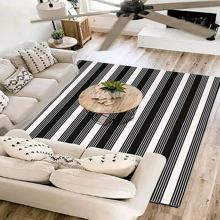 Black and White Striped Outdoor Rug Front Porch Rug 35.4''x59'' Cotton  Hand-Woven Welcome Mats Layered Door Mats for Front Porch/Entryway/Laundry