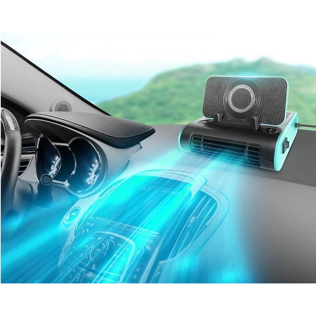 Ventilador de coche de 12 V, ventilador de coche creativo de viento fuerte, ventilador pequeño y fresco cuatro en uno con soporte de carga inalámbrica, viene con aromaterapia, para camiones, SUV, cami