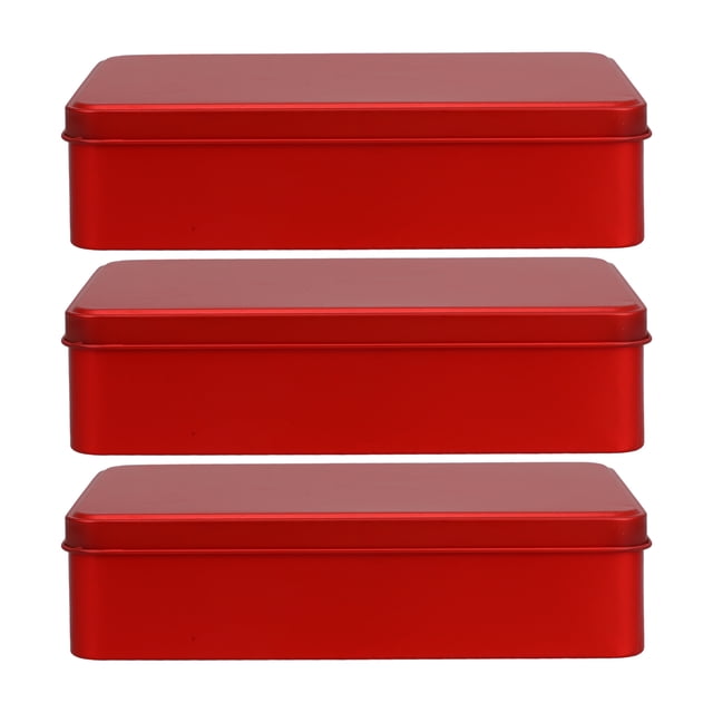 3 latas metálicas vacías con tapa, rectangulares, para galletas y dulces.