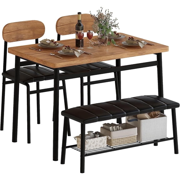 Dining Table Set for 4, Kitchen Table with Bench and Chairs, Bench Dining Set with Storage Rack, Dinette Set for Small Space, Apartment, Restaurant
