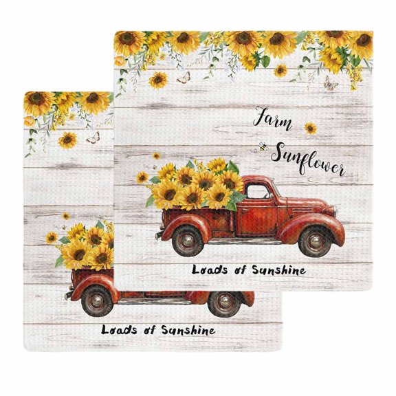 Sunflower Truck Kitchen Dish Towels for Drying Dishes Set of 2, Elegant Yellow Floral Summer Botanical Wooden Waffle Weave Microfiber Hand Tea Bathroom Towels Quick Dry & Absorbent Towel 12x12