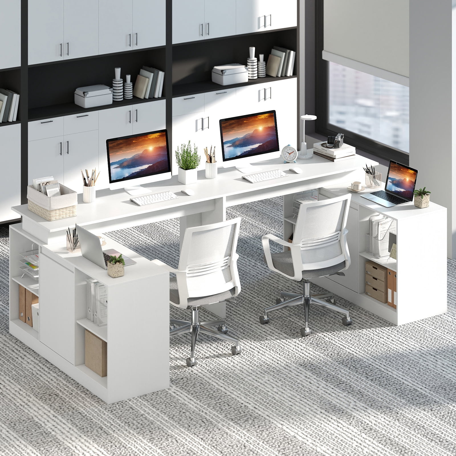 Gymax 48'' Reversible L-shaped Computer Desk w/2 Doors 4 Open Storage Cubes for Office White