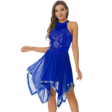 YONGHS Women s Sequins Lyrical Dance Dress Sleeveless Mock Neck Asymmetrical Hem Mesh Dresses Royal_Blue M