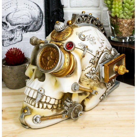 Ebros Large Steampunk Cyborg Cerebrum Skull Figurine W/ Secret Side Drawer Box
