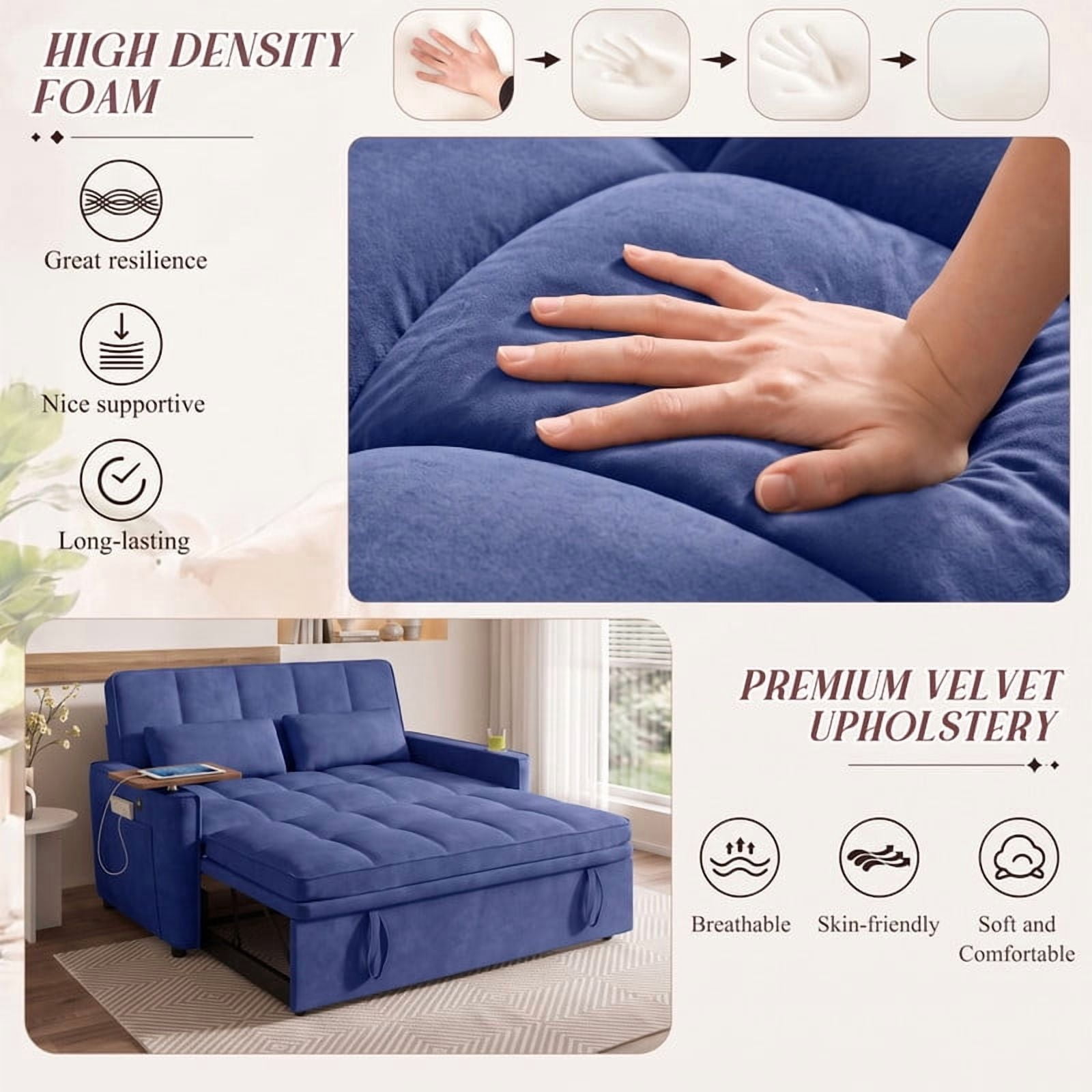 avobird 54'' Pull Out Sofa Bed, Convertible Sleeper Couch for for Living Room, Side Desk, USB Ports, Cup Hold, Velvet Fabric, Adjustable Backrest, Blue