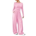 thumbnail image 3 of Women's 2 Piece Matching Lounge Set Long Sleeve Boat Neck Top Wide Leg Pants Casual Sweatsuit Pink S, 3 of 9