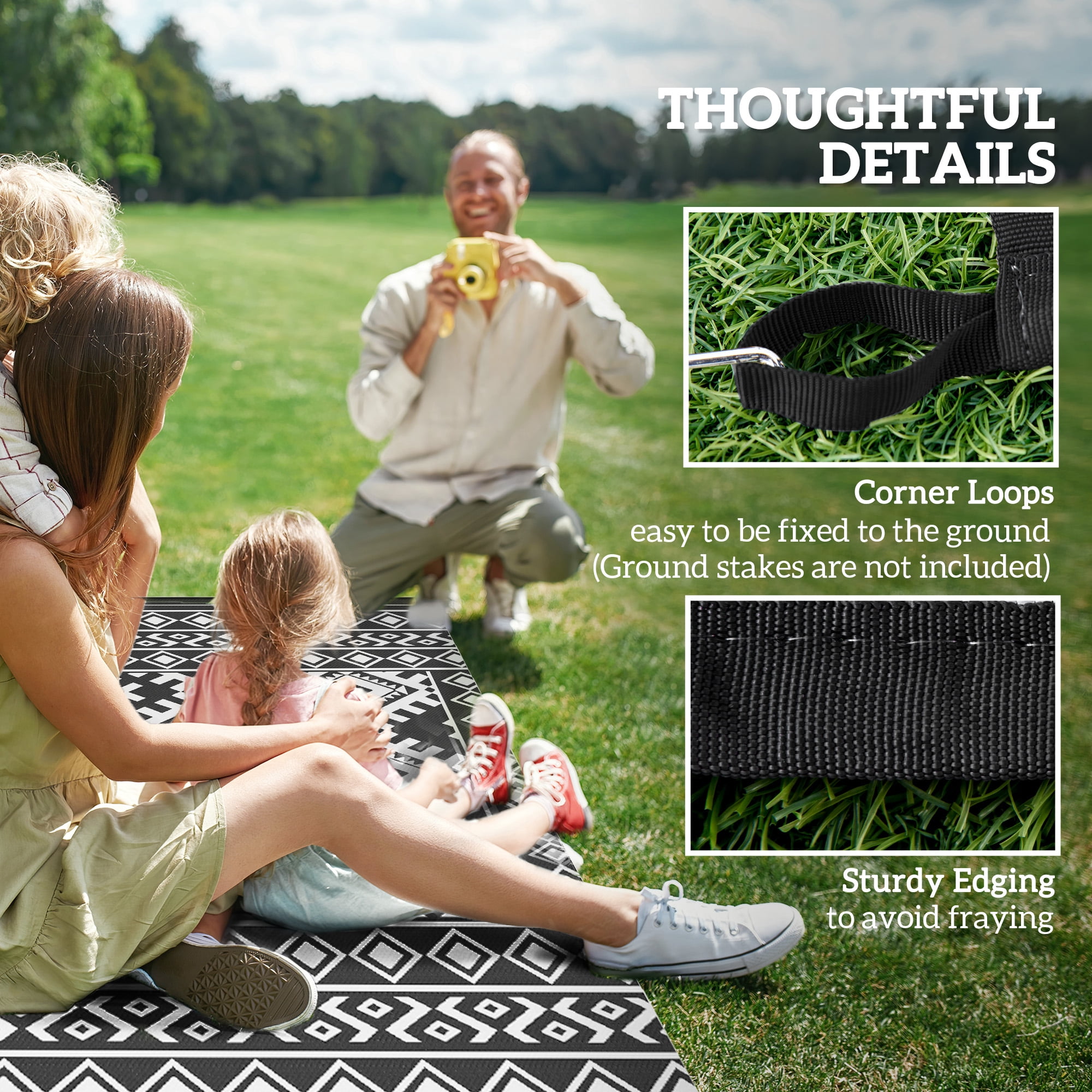 Outsunny Outdoor Patio Rug, Large Camping Carpet with Carrying Bag, 9' x 18' Waterproof Plastic Straw, Reversible, Black & White Rhombus Border