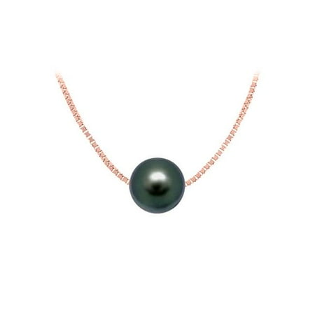 Black Vermeil Pendant - Fine Jewelry Vault UBPDAGVRAKBL09 Cultured Black Akoya Pearl Pendant in Silver Rose Vermeil Chain - 9 mm.