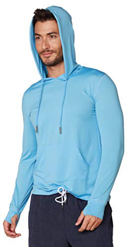 Comfort Mens Long Sleeve Fishing Sun UV Shirt Quick Drying Hooded Cap Cloth Blue 