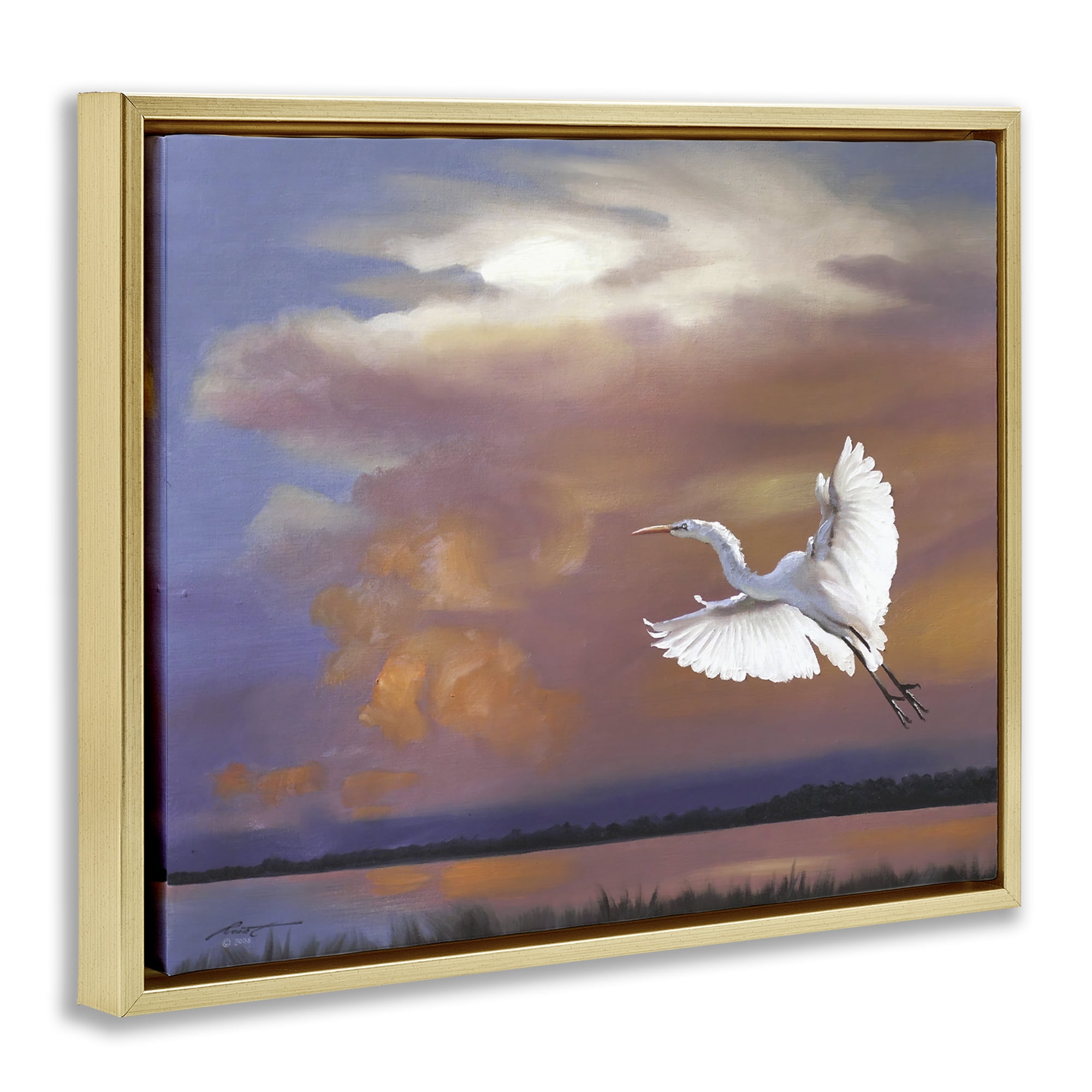 Stupell Industries Heron Flying with Sunset Landscape Painting Gold Floater Framed Canvas Art Print Wall Art, 21 x 17