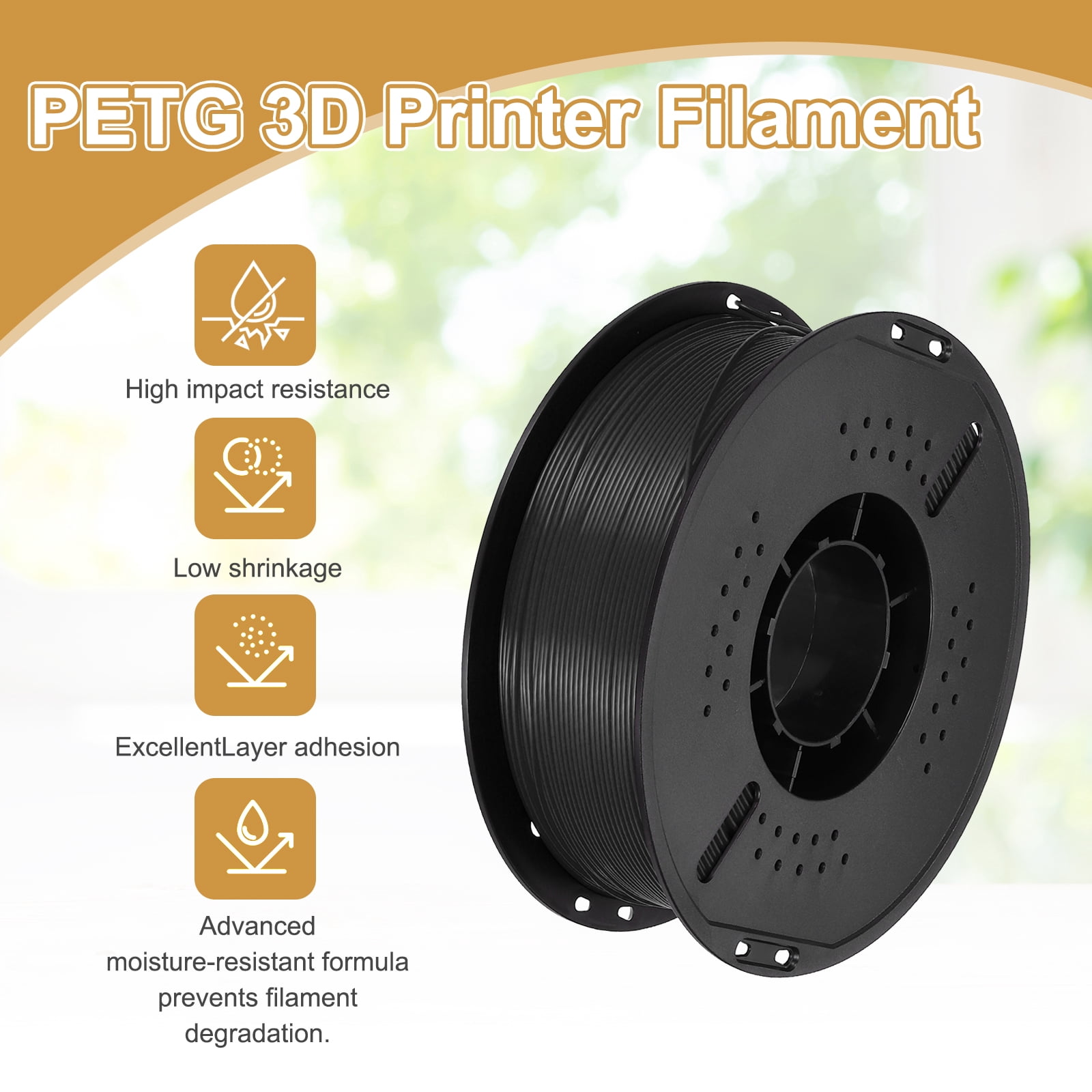 PETG 3D Printer Filament, 1.75mm 1KG High Precision Moistureproof Toughness Glossy Filament Black