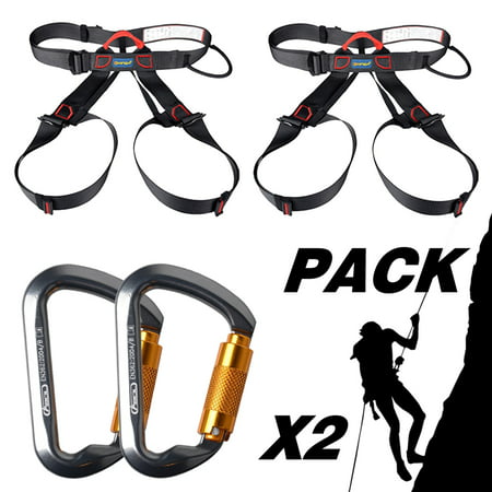[2 Packs] Fall Protection Safety Harness Seat Belt  for Rock Climbing Rappelling Rescue + [2 Packs] D-Shape Aluminum Steel Rock Climbing Hiking Screw Locking Carabiner