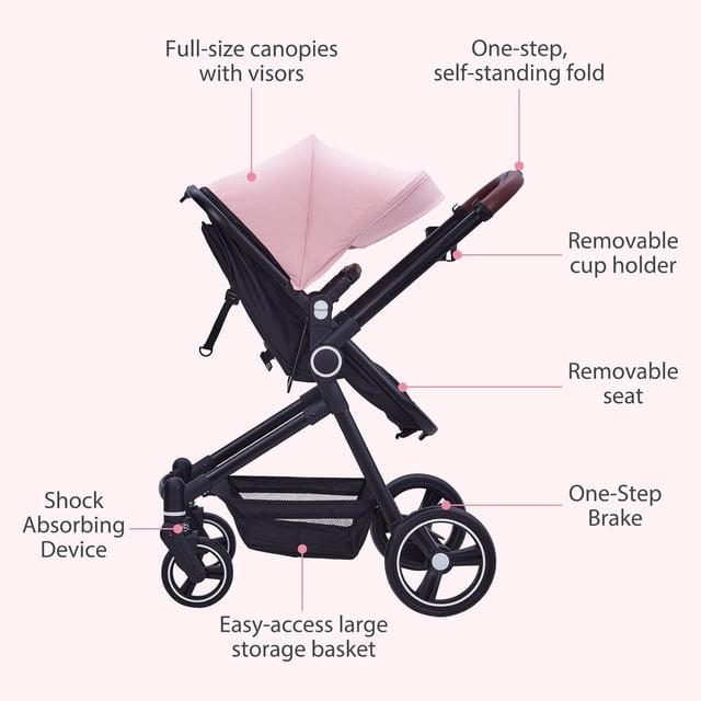 Historyli Cochecito 2 en 1 reversible con asiento para bebé,capazo plegable con una mano,cómodo cochecito con reclinable y capota extragrande,color rosa