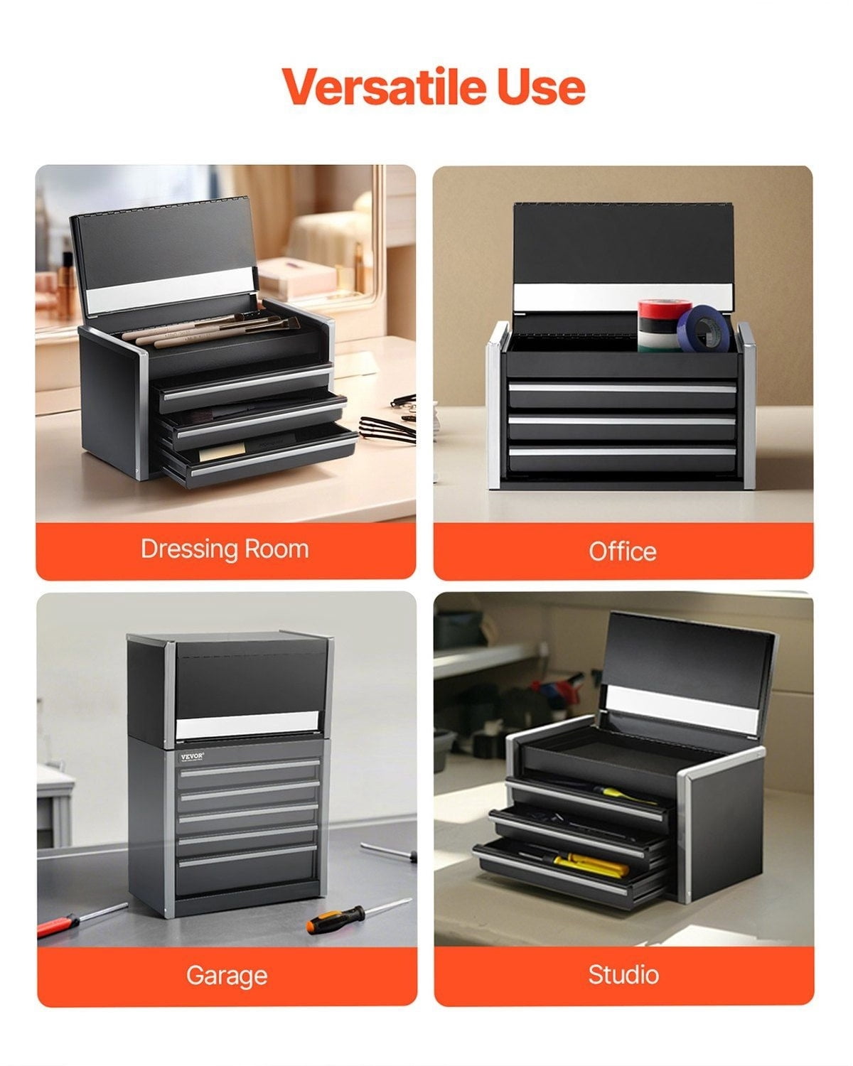 Steel Small Metal Tool Box 8.6 Inch Small Triple Drawer Type with Ball Bearing Slides Powder Coated Black with PP Floor Pads