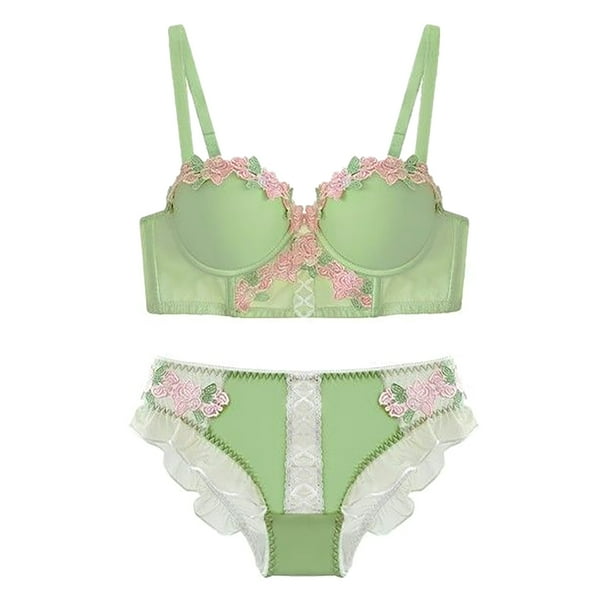 Brasier Mujer Tela de Mantequilla conjunto de Sujetador Retro Fruncido con Pecho Pequeño para Mujer, Lencería Estilo Pure Desire, conjunto de Dos Piezas con Bordado de Flores Mediana