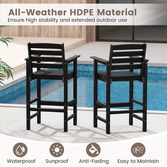 Auranook Patio Bar Stools, Set of 2 Tall Adirondack Chair, Weather-resistant HDPE Chair with Backrest, Armrests & Footrests, Wood-like Surface, Bar Height Chairs
