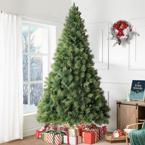 g Vail 9ft Prelit Artificial Christmas Tree with Pine Cones, Foot Pedal, 2294 Branch Tips, 1050 Warm Lights and Metal Stand, 62" Wide Realistic Traditional Christmas Tree with Lights，Christmas tree