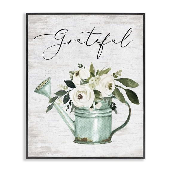 Stupell Industries Shabby Chic Grateful Sentiment Vintage Turquoise Watering Can Flower Bouquet Black Framed Giclee Art, 11 x 14, by Lettered and Lined